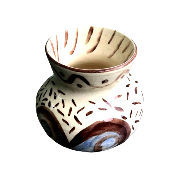 Ivory Pottery Vase with Blue & Brown Crackle Glaze in a Wave Pattern - Picture 3 of 10